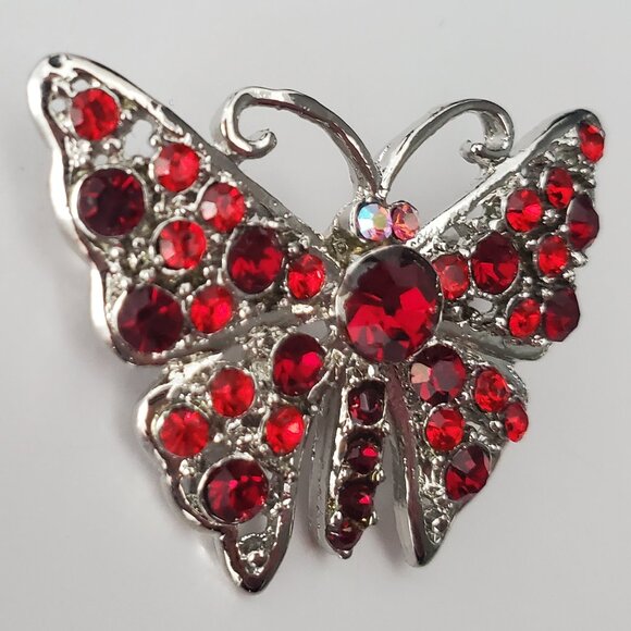 Small Silver & Red Stones Butterfly Brooch Iridescence Cute Nature Feminine - Picture 3 of 5